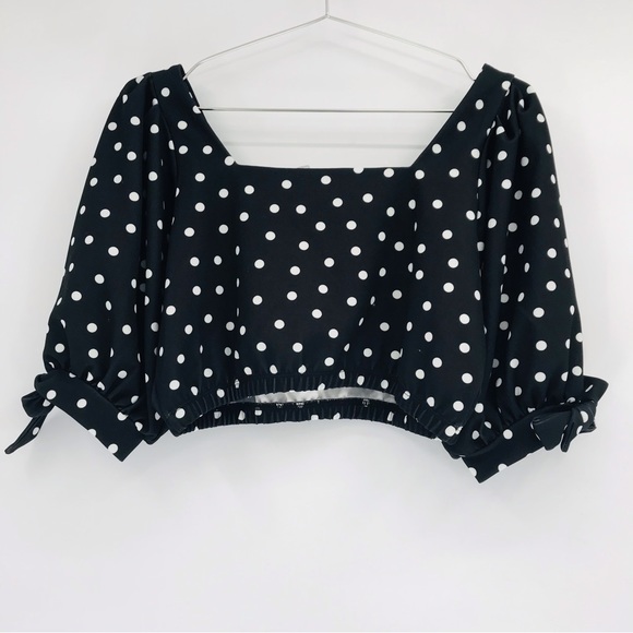 ASOS Puff Sleeve Square Neck Polka Dot Crop Blouse Black White Size 6 - Picture 8 of 8
